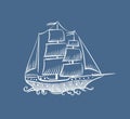 Vintage boat sketch. Hand drawn old pirate sea sailboat vector doodle sail schooner ship illustration on white Royalty Free Stock Photo