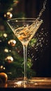 Vintage bohemian crystal glass with a vermouth drink. Christmas greeting card concept. AI generated image