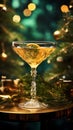 Vintage bohemian crystal glass with a vermouth drink. Christmas greeting card concept. AI generated image