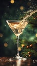 Vintage bohemian crystal glass with a vermouth drink. Christmas greeting card concept. AI generated image