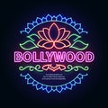 Vintage bollywood movie signboard. Glowing retro indian cinema neon vector sign