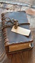 Vintage book with blank tag, concept of originality in literature, rustic wood