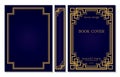 Vintage Book cover and spine design with a Celtic or Asian weave knot on the corners. Luxury Gold frames dark blue style design.