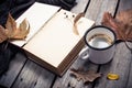 Vintage book, knitted sweater with autumn leaves and coffee mug Royalty Free Stock Photo