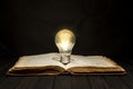 Vintage book with light bulb on wooden table with dark text space