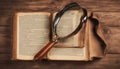 Vintage book and magnifying glass on wooden background Royalty Free Stock Photo