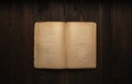 Vintage book, open, on old wooden table, with clipping path. Open Book blank on old wooden background. book with blank pages Royalty Free Stock Photo