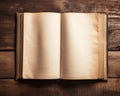 Vintage book, open, on old wooden table, with clipping path. Open Book blank on old wooden background. book with blank pages Royalty Free Stock Photo