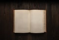 Vintage book, open, on old wooden table, with clipping path. Open Book blank on old wooden background. book with blank pages Royalty Free Stock Photo