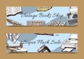 Vintage book shop set of banners vector illustration.Old books with ink quill feather pen and inkwell. Antique writing Royalty Free Stock Photo