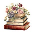 Vintage book stack woth flower. Illustration AI Generative Royalty Free Stock Photo