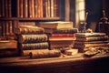 Vintage bookcase background, stack of old hardcover books on table. Generative ai