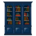 Vintage bookcase blue filled with books. Library furniture isolated on white background. Vector illustration.