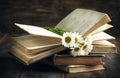 Vintage books and chamomiles on wooden background