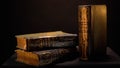 Vintage books with dark leather binding and patterns on isolated background. Stock footage. Old book with simple gilded