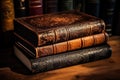 Vintage books with decorated leather covers.