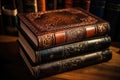 Vintage books with decorated leather covers.