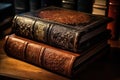 Vintage books with decorated leather covers.