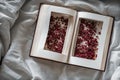 Vintage books with dried red flowers on a white bed. Concept Nostalgic and remembrance vintage background