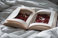 Vintage books with dried red flowers on a white bed. Concept Nostalgic and remembrance vintage background