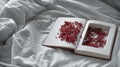 Vintage books with dried red flowers on a white bed. Concept Nostalgic and remembrance vintage background