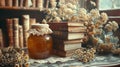 Vintage books with a honey jar and dried flowers on a table. Old books beside honey. Concept of comfort, autumn coziness Royalty Free Stock Photo