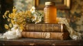 Vintage books with a honey jar and flowers on a table. Old books beside honey. Concept of comfort, autumn coziness, and Royalty Free Stock Photo