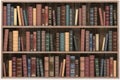 Vintage books on old wooden shelf isolated on white. Old library or antique bookshop