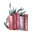 Vintage books on the shelf and green plants. Watercolor hand-drawn illustration. Royalty Free Stock Photo