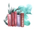 Vintage books on the shelf and green plants. Watercolor hand-drawn illustration. Royalty Free Stock Photo