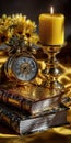 Vintage books stacked with golden clock and candle in warm light Royalty Free Stock Photo