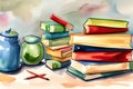 Vintage books stacks and school supplies. Watercolor hand painted school Royalty Free Stock Photo