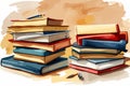 Vintage books stacks and school supplies. Watercolor hand painted school Royalty Free Stock Photo