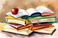 Vintage books stacks and school supplies. Watercolor hand painted school Royalty Free Stock Photo