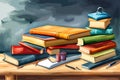 Vintage books stacks and school supplies. Watercolor hand painted school Royalty Free Stock Photo