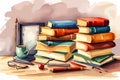 Vintage books stacks and school supplies. Watercolor hand painted school Royalty Free Stock Photo