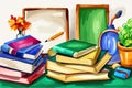 Vintage books stacks and school supplies. Watercolor hand painted school Royalty Free Stock Photo