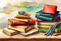 Vintage books stacks and school supplies. Watercolor hand painted school Royalty Free Stock Photo