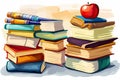 Vintage books stacks and school supplies. Watercolor hand painted school Royalty Free Stock Photo