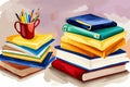 Vintage books stacks and school supplies. Watercolor hand painted school Royalty Free Stock Photo