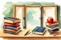 Vintage books stacks and school supplies. Watercolor hand painted school Royalty Free Stock Photo