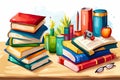 Vintage books stacks and school supplies. Watercolor hand painted school Royalty Free Stock Photo