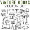 Vintage Books Vector Set with single books, open books, stacked books, candles, glasses, quills, newspapers, and ink.