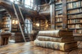 Vintage Books on Wooden Table in Classic Library Room with Ladder and Shelves Filled with Old Collections Royalty Free Stock Photo