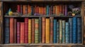 Vintage bookshelf with colorful antique books - generative ai