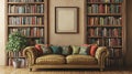 Vintage Bookshelf Interior With Sofa And Picture Frame Mockup Royalty Free Stock Photo