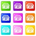 Vintage boombox icons set 9 color collection