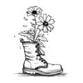 Vintage Boot Inspired by Nature with Flowers Blooming from Inside in Black and White Line Art Illustration Royalty Free Stock Photo