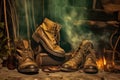 vintage boots beside a campfire, smoke in the air