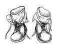 Vintage Boots for hiking vector illustration. Hand drawn linear drawing of retro leather travel shoes for tourism and